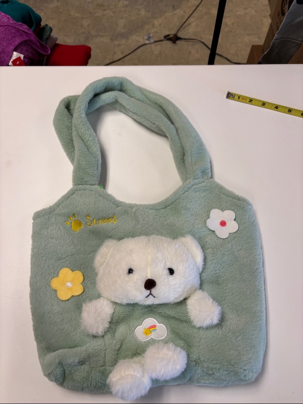 Mint Green Plush Bear Tote Bag for Kids